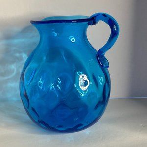 Vintage Blue Art Glass Pitcher With Coin Dot Design